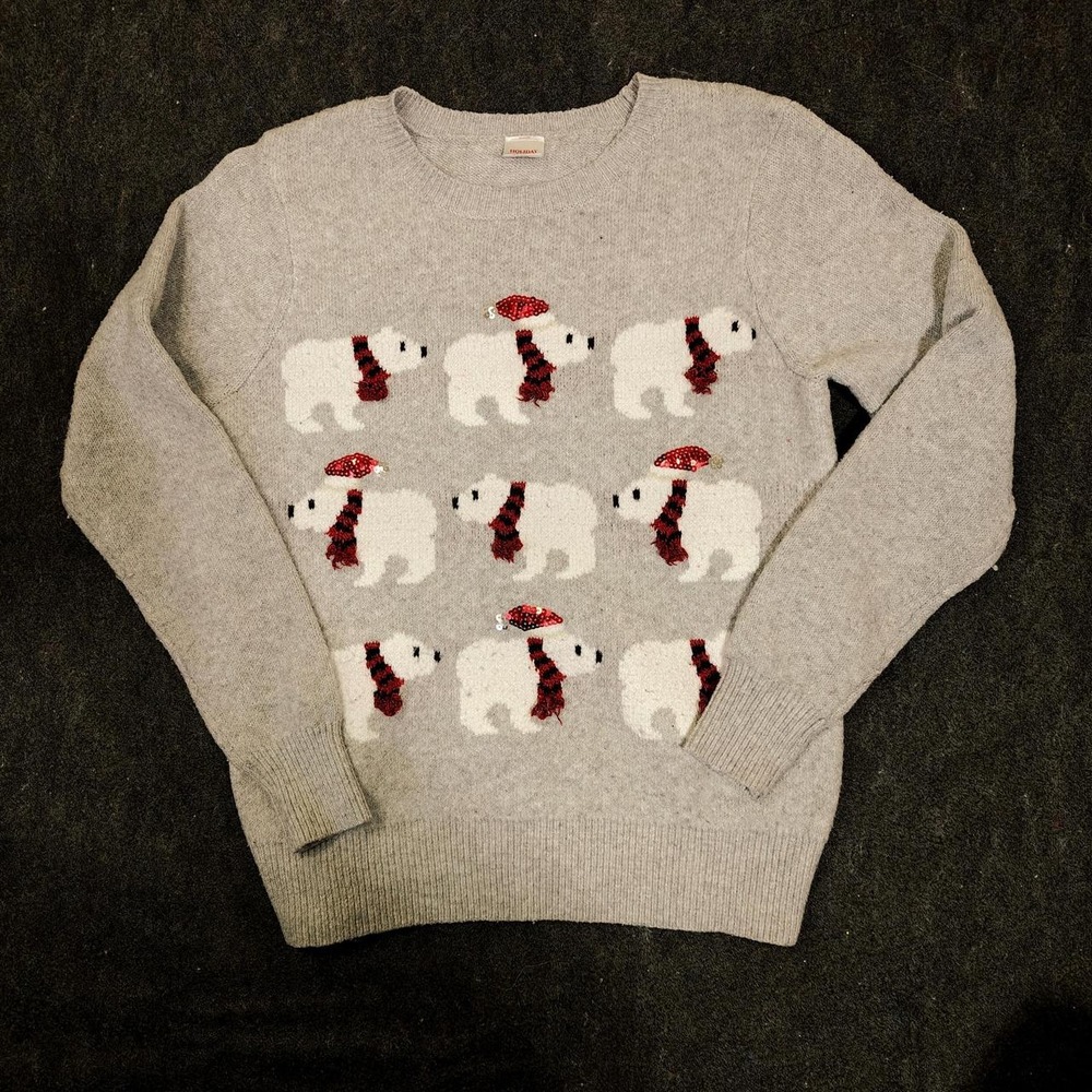 Holiday Time Womens Polar Bear Christmas Sweater Grey Red Sequin Size M 8-10